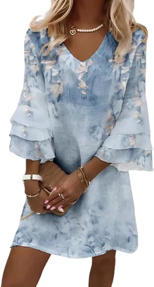 Womens Casual Boho Floral Ruffled Tiered Bell 3/4 Sleeve V Neck Sundress Spring Summer Loose Flowy A-Line Mini Dresses