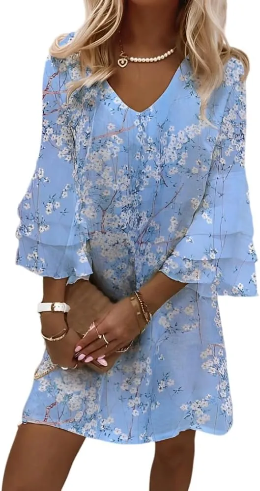 Womens Casual Boho Floral Ruffled Tiered Bell 3/4 Sleeve V Neck Sundress Spring Summer Loose Flowy A-Line Mini Dresses