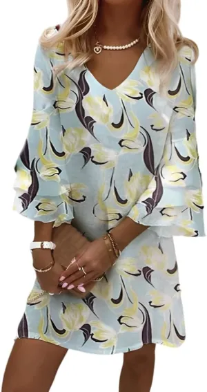 Womens Casual Boho Floral Ruffled Tiered Bell 3/4 Sleeve V Neck Sundress Spring Summer Loose Flowy A-Line Mini Dresses