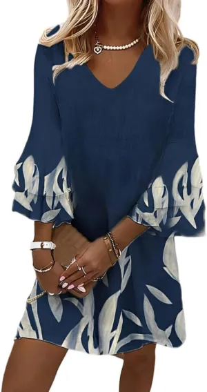 Womens Casual Boho Floral Ruffled Tiered Bell 3/4 Sleeve V Neck Sundress Spring Summer Loose Flowy A-Line Mini Dresses