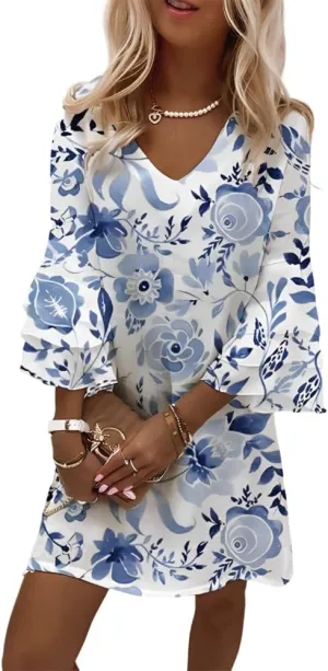 Womens Casual Boho Floral Ruffled Tiered Bell 3/4 Sleeve V Neck Sundress Spring Summer Loose Flowy A-Line Mini Dresses