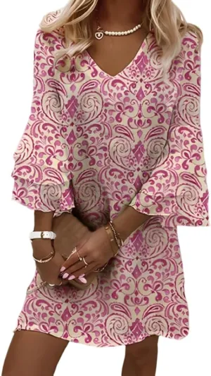Womens Casual Boho Floral Ruffled Tiered Bell 3/4 Sleeve V Neck Sundress Spring Summer Loose Flowy A-Line Mini Dresses