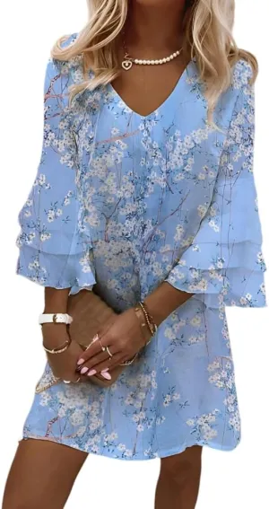 Womens Casual Boho Floral Ruffled Tiered Bell 3/4 Sleeve V Neck Sundress Spring Summer Loose Flowy A-Line Mini Dresses