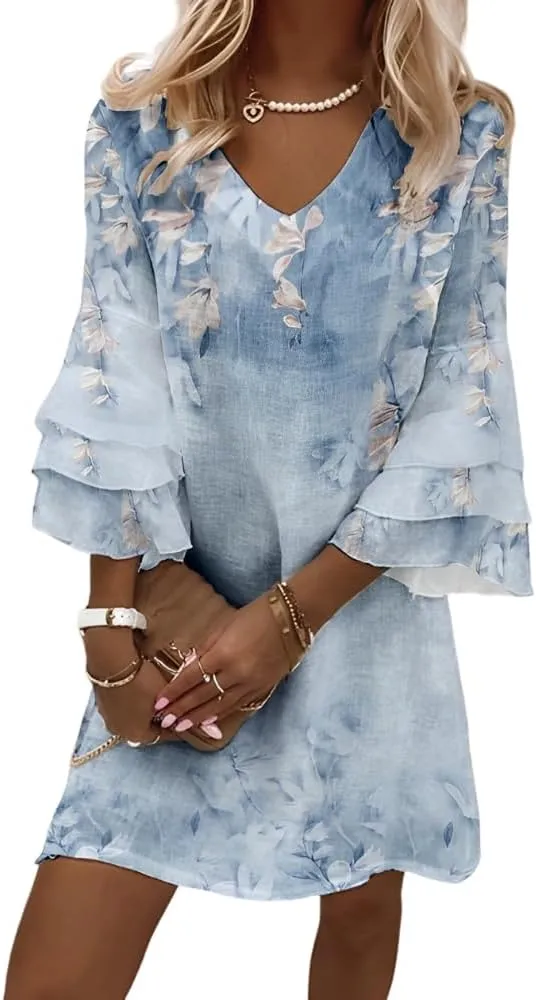 Womens Casual Boho Floral Ruffled Tiered Bell 3/4 Sleeve V Neck Sundress Spring Summer Loose Flowy A-Line Mini Dresses