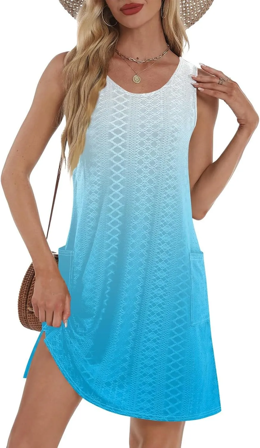 Women's Casual Dress Crew Neck Sleeveless Gradient Loose Pocket Summer Dresses 2025 Mini Short Dresses, S-3XL
