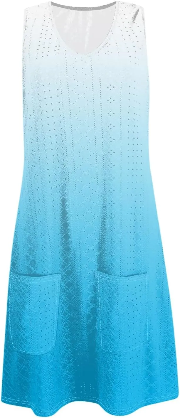 Women's Casual Dress Crew Neck Sleeveless Gradient Loose Pocket Summer Dresses 2025 Mini Short Dresses, S-3XL