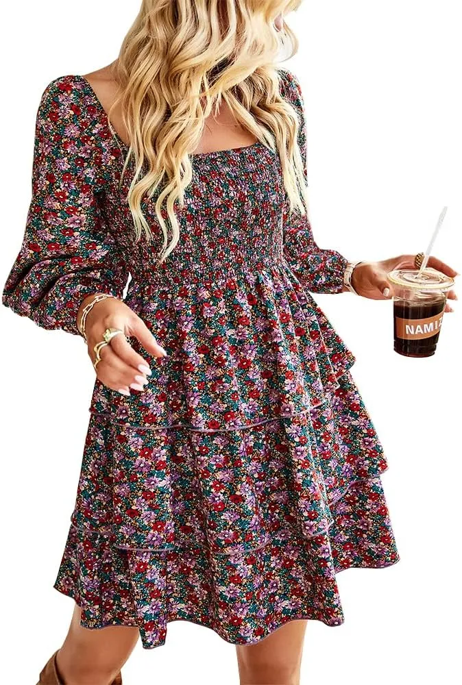 Women's Casual Long Sleeve Floral Ruffle Backless Dress Square Neck Elastic Waist Party Mini Dress