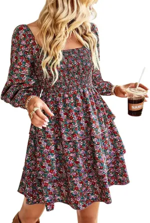 Women's Casual Long Sleeve Floral Ruffle Backless Dress Square Neck Elastic Waist Party Mini Dress