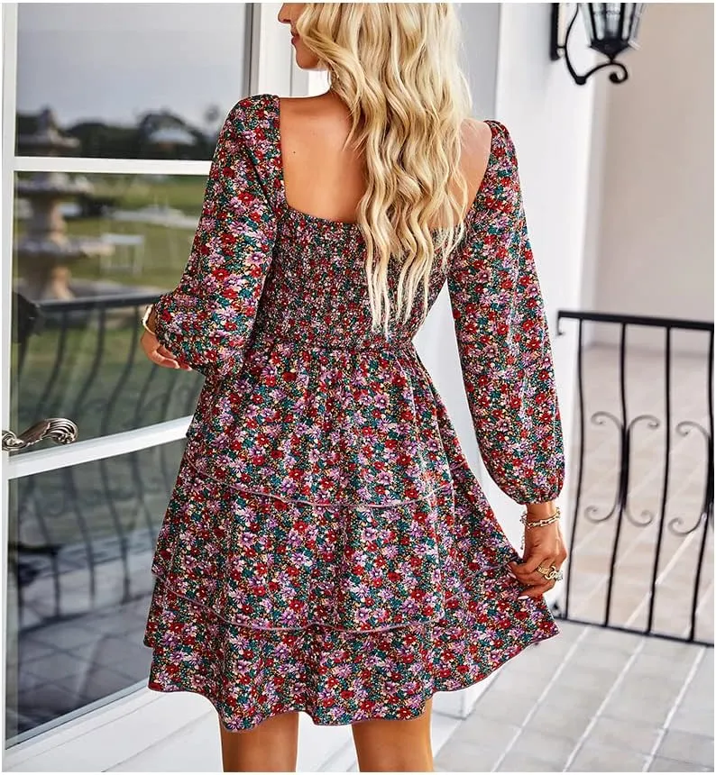 Women's Casual Long Sleeve Floral Ruffle Backless Dress Square Neck Elastic Waist Party Mini Dress