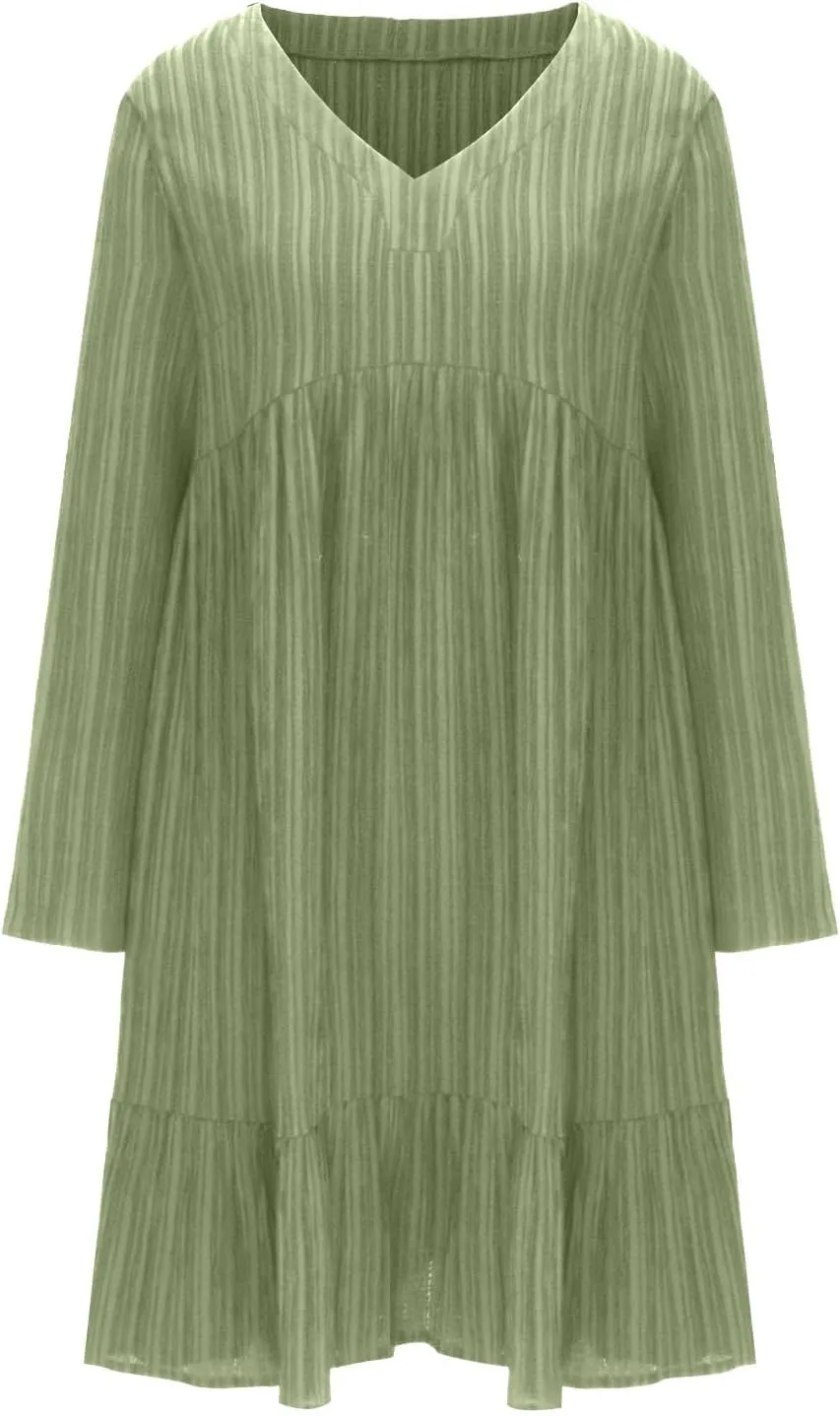Women's Casual Long Sleeve V Neck Pleated Dress Tiered Ruffle Hem A-Line Loose Fit Flowy Swing Babydoll Mini Dresses
