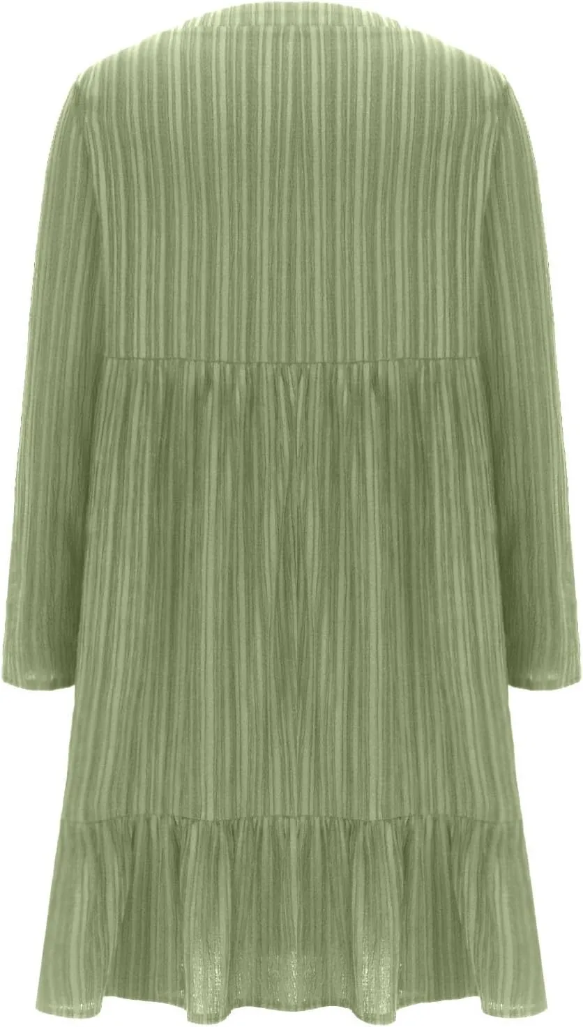 Women's Casual Long Sleeve V Neck Pleated Dress Tiered Ruffle Hem A-Line Loose Fit Flowy Swing Babydoll Mini Dresses