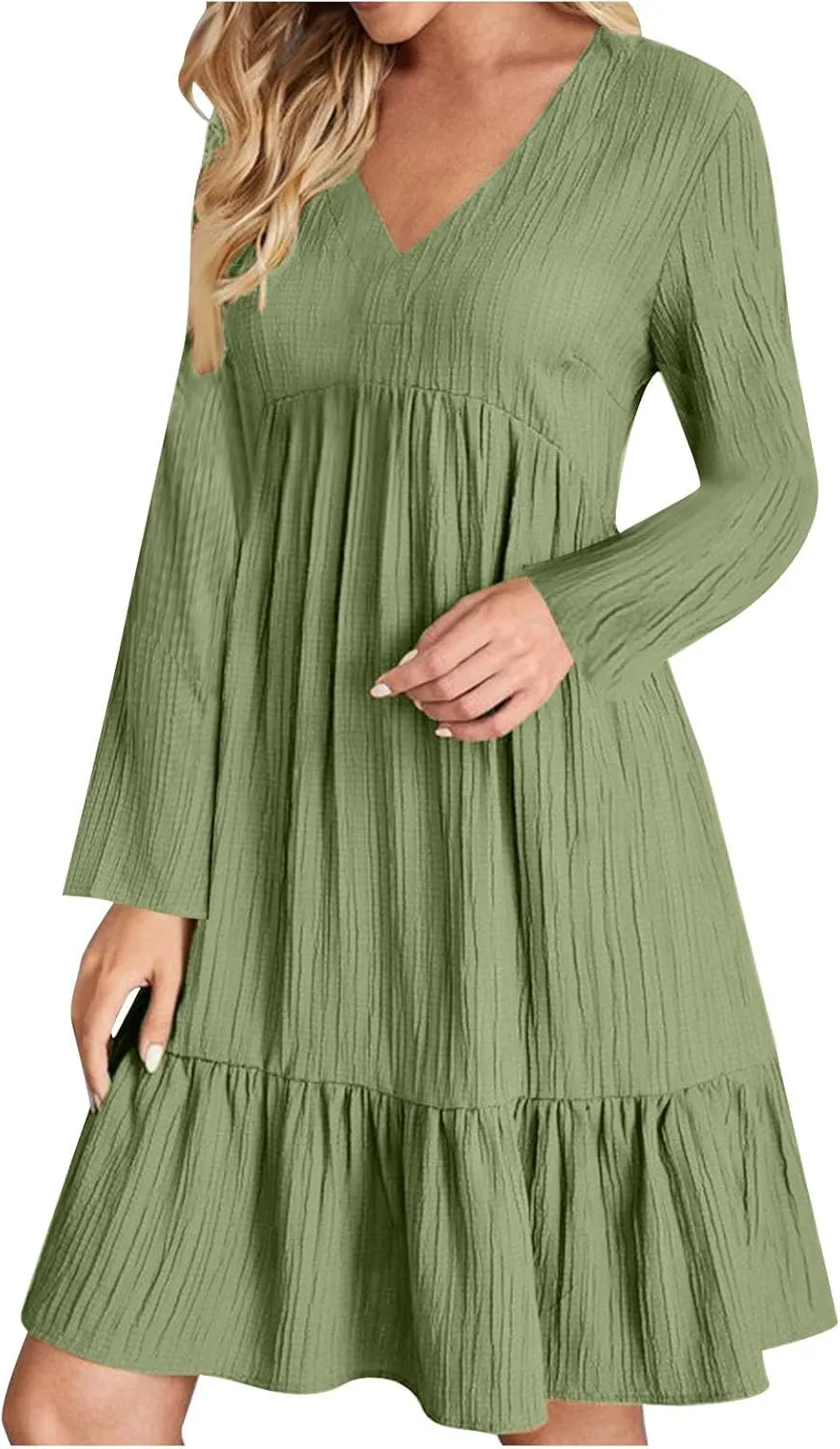 Women's Casual Long Sleeve V Neck Pleated Dress Tiered Ruffle Hem A-Line Loose Fit Flowy Swing Babydoll Mini Dresses