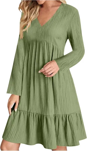 Women's Casual Long Sleeve V Neck Pleated Dress Tiered Ruffle Hem A-Line Loose Fit Flowy Swing Babydoll Mini Dresses