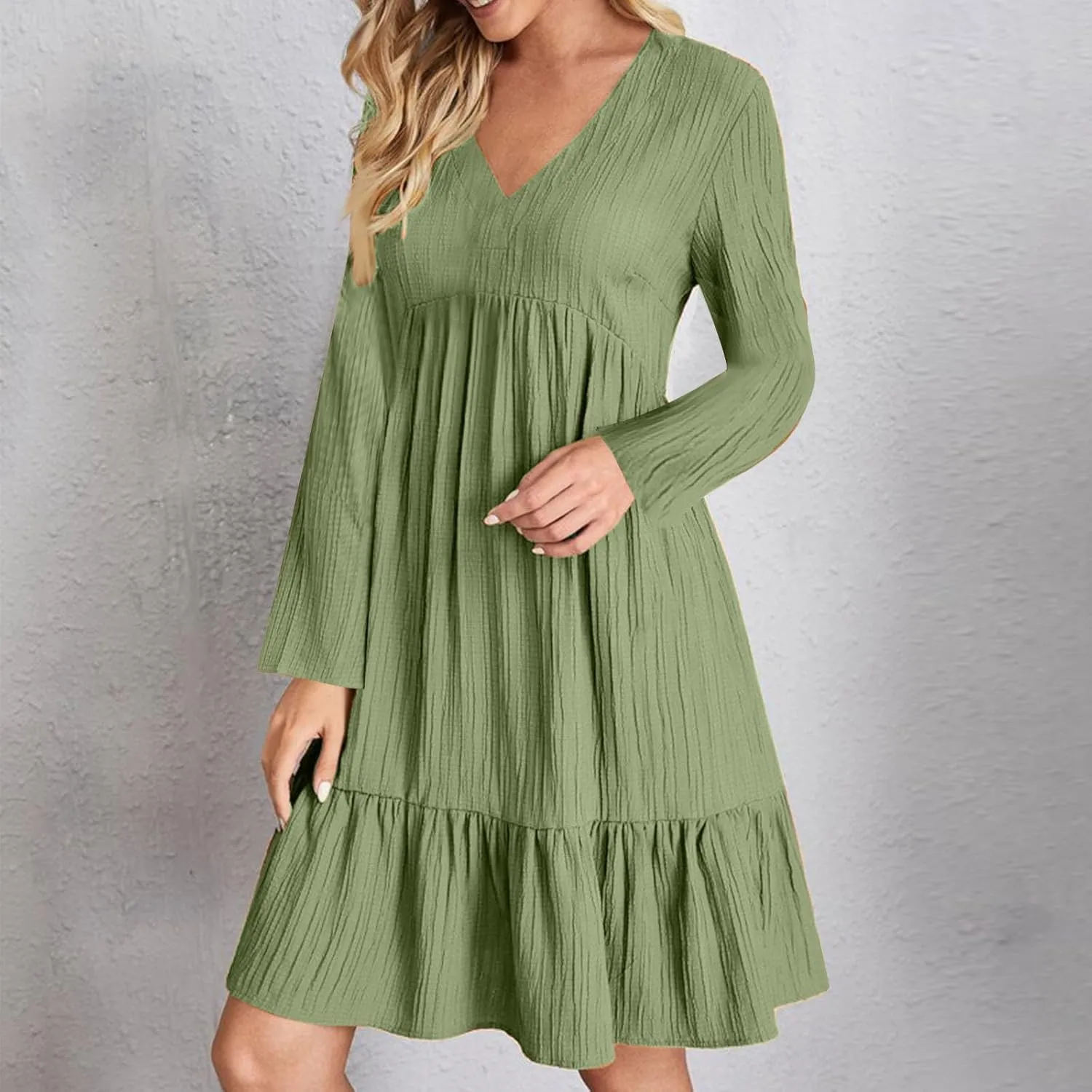 Women's Casual Long Sleeve V Neck Pleated Dress Tiered Ruffle Hem A-Line Loose Fit Flowy Swing Babydoll Mini Dresses