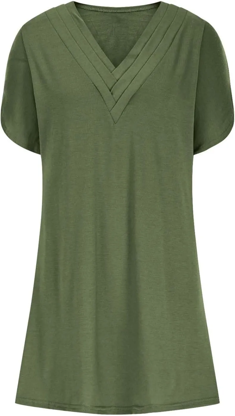 Womens Casual Midi Dress V Neck Short Sleeve Shirt Dress Solid Color Tunic Sundress Summer Beach Outfits Clothes