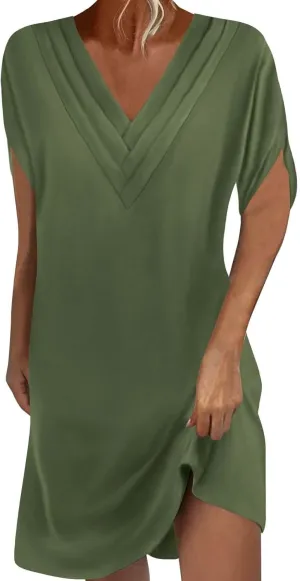 Womens Casual Midi Dress V Neck Short Sleeve Shirt Dress Solid Color Tunic Sundress Summer Beach Outfits Clothes