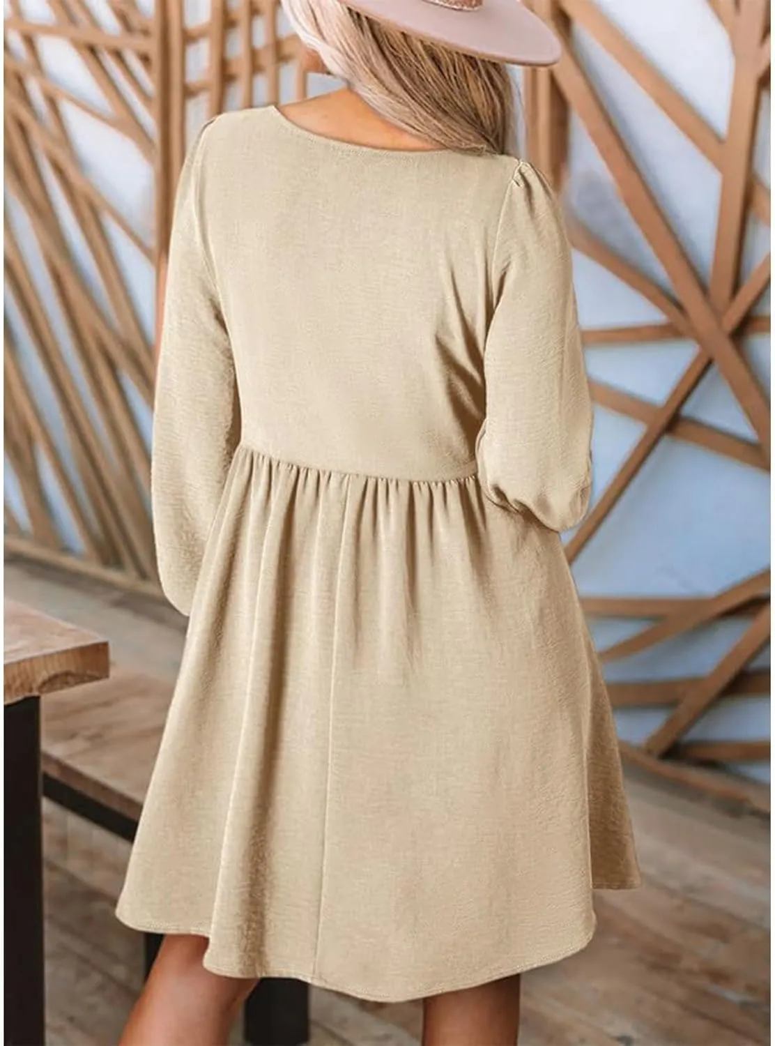 Women's Casual Smocked Dresses Crewneck Button Long Sleeve A-Line Mini Dress Beach Vacation Party Tiered Dresses