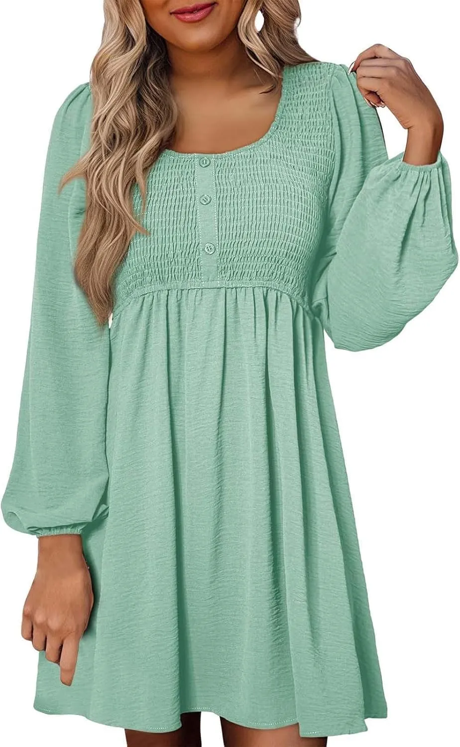 Women's Casual Smocked Dresses Crewneck Button Long Sleeve A-Line Mini Dress Beach Vacation Party Tiered Dresses
