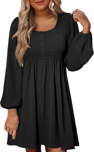 Women's Casual Smocked Dresses Crewneck Button Long Sleeve A-Line Mini Dress Beach Vacation Party Tiered Dresses