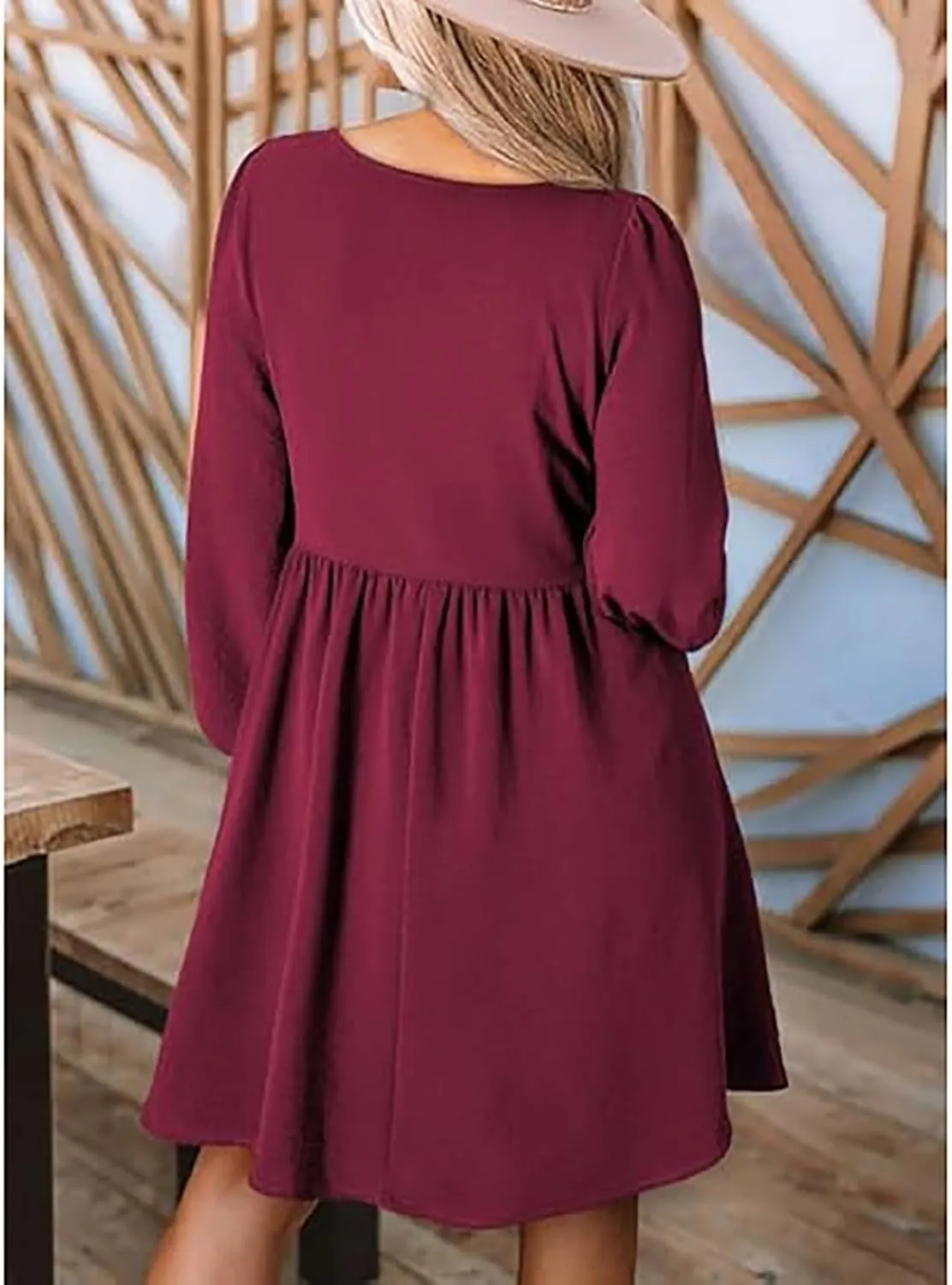 Women's Casual Smocked Dresses Crewneck Button Long Sleeve A-Line Mini Dress Beach Vacation Party Tiered Dresses