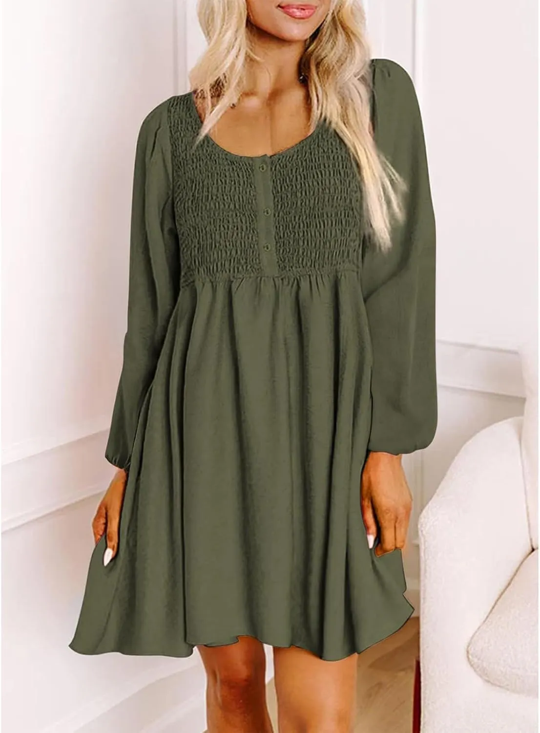 Women's Casual Smocked Dresses Crewneck Button Long Sleeve A-Line Mini Dress Beach Vacation Party Tiered Dresses