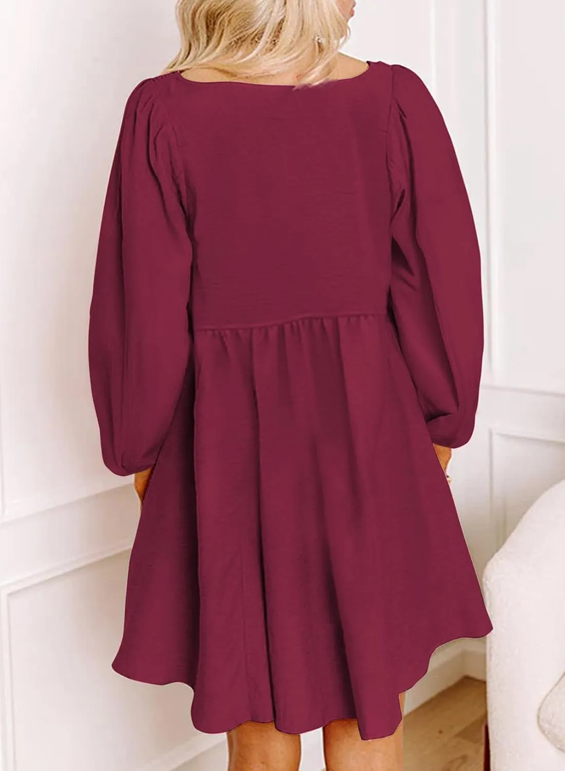 Women's Casual Smocked Dresses Crewneck Button Long Sleeve A-Line Mini Dress Beach Vacation Party Tiered Dresses