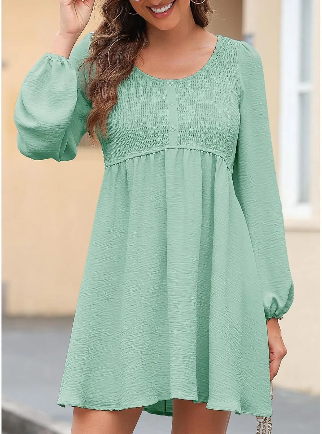 Women's Casual Smocked Dresses Crewneck Button Long Sleeve A-Line Mini Dress Beach Vacation Party Tiered Dresses