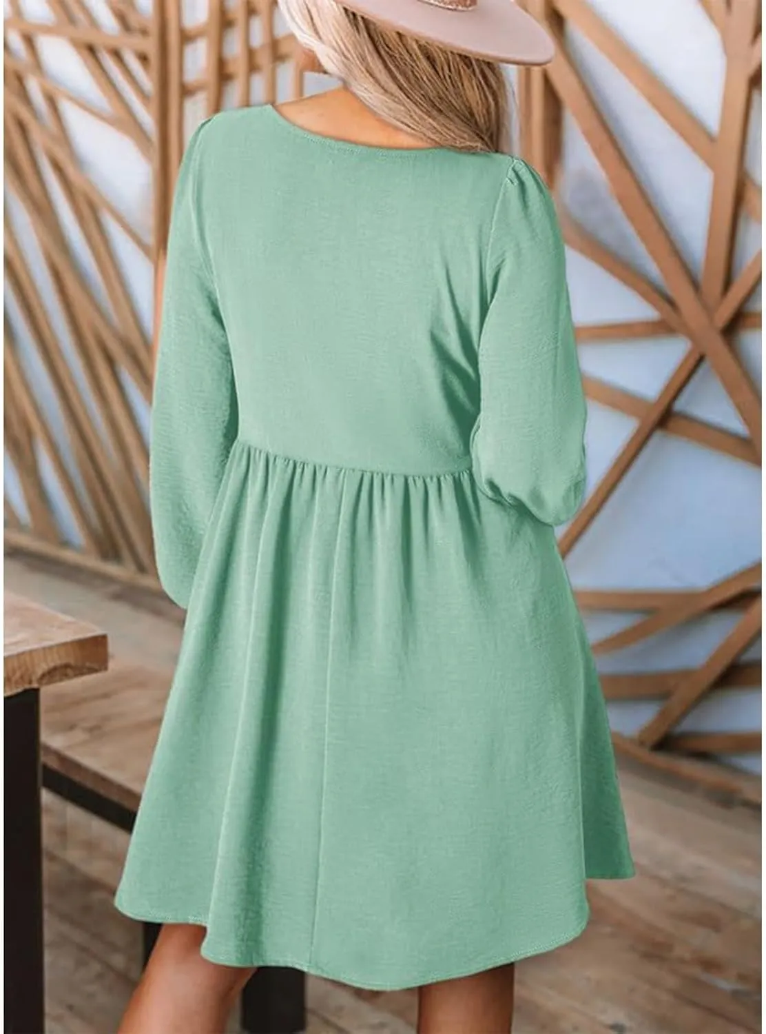 Women's Casual Smocked Dresses Crewneck Button Long Sleeve A-Line Mini Dress Beach Vacation Party Tiered Dresses