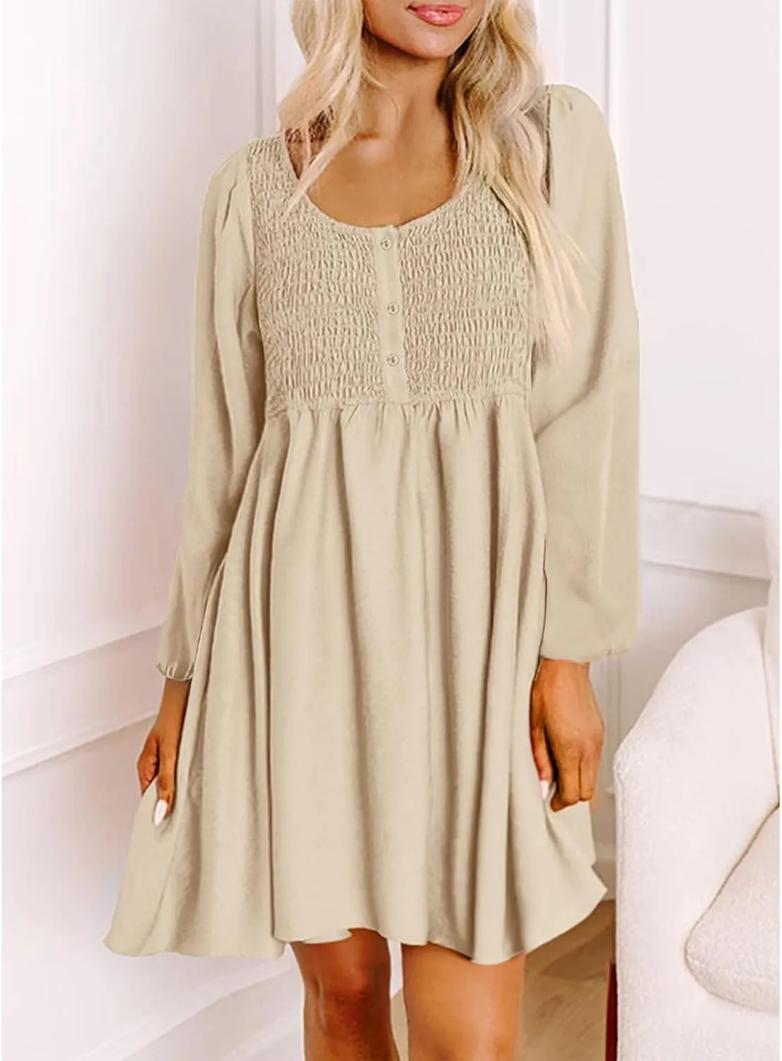 Women's Casual Smocked Dresses Crewneck Button Long Sleeve A-Line Mini Dress Beach Vacation Party Tiered Dresses