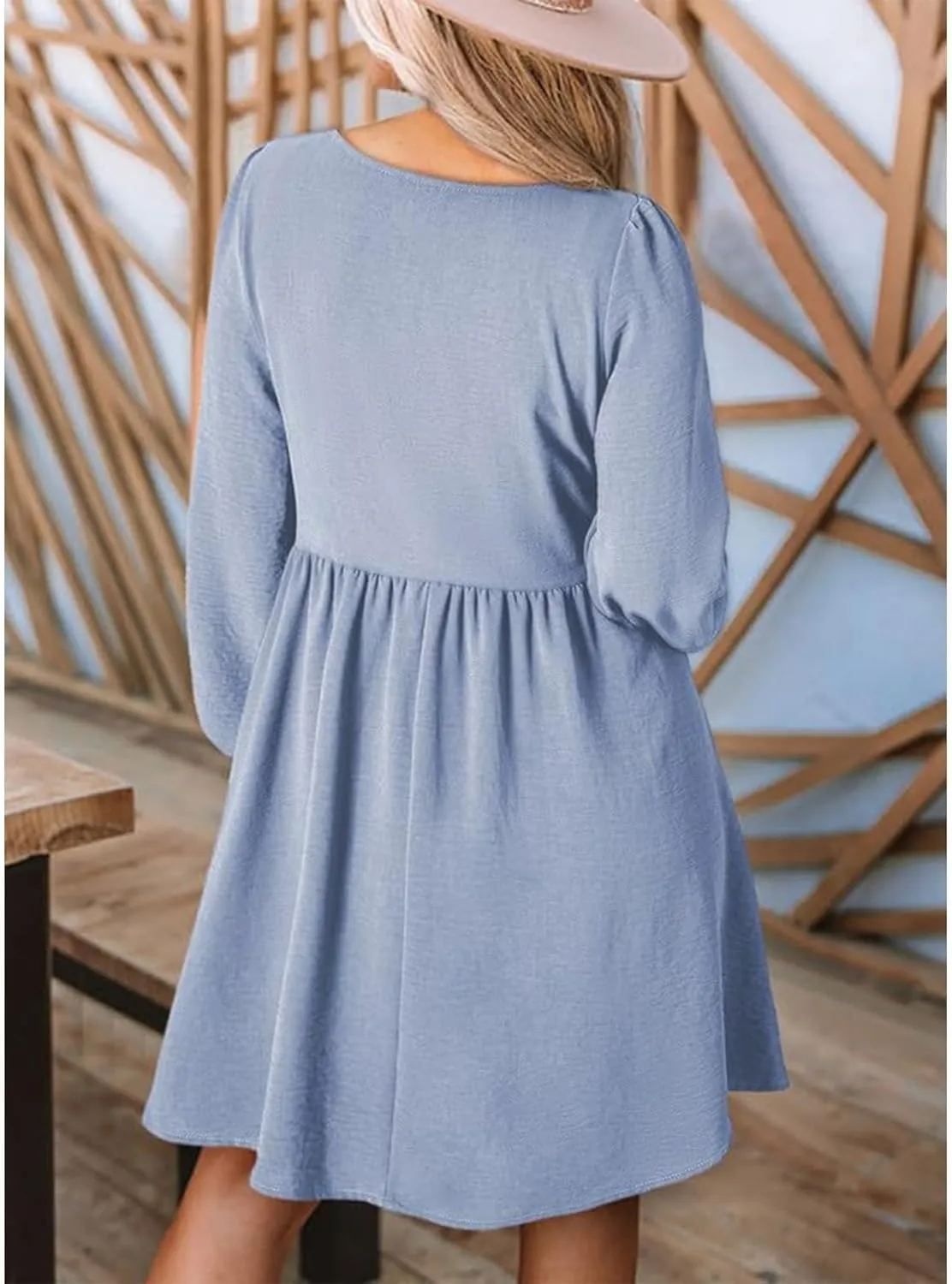 Women's Casual Smocked Dresses Crewneck Button Long Sleeve A-Line Mini Dress Beach Vacation Party Tiered Dresses