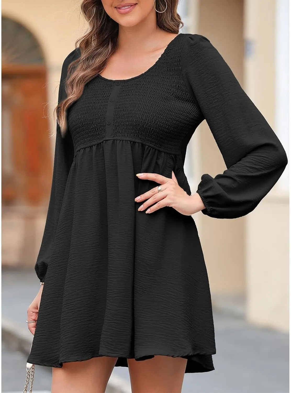 Women's Casual Smocked Dresses Crewneck Button Long Sleeve A-Line Mini Dress Beach Vacation Party Tiered Dresses
