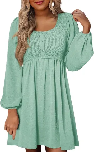 Women's Casual Smocked Dresses Crewneck Button Long Sleeve A-Line Mini Dress Beach Vacation Party Tiered Dresses