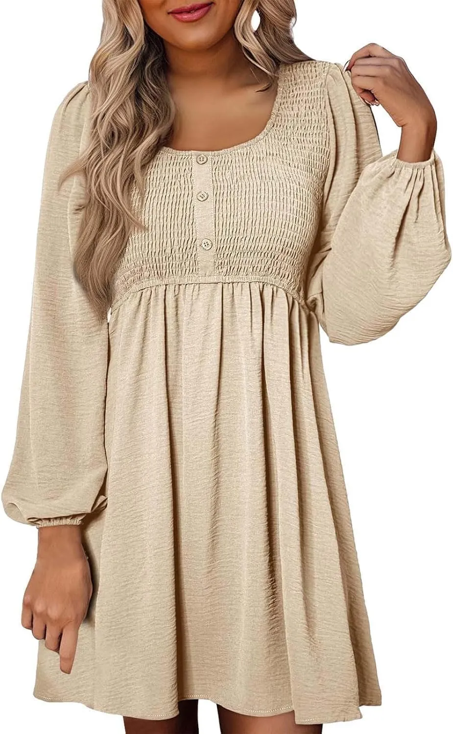 Women's Casual Smocked Dresses Crewneck Button Long Sleeve A-Line Mini Dress Beach Vacation Party Tiered Dresses