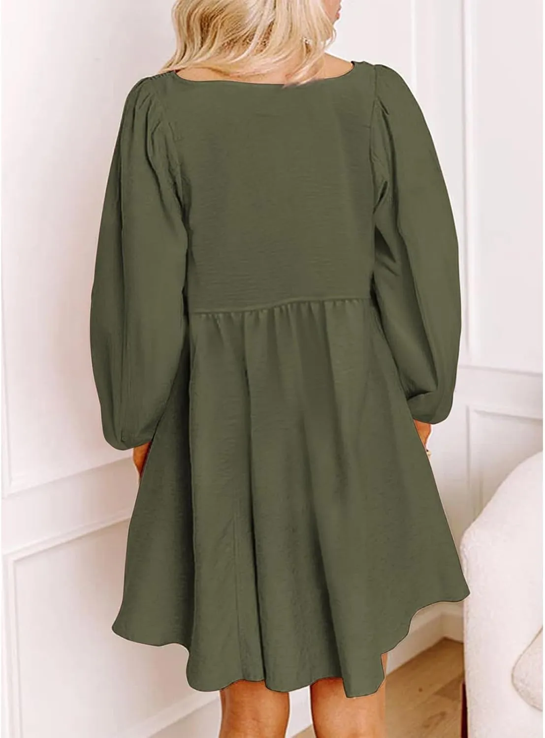 Women's Casual Smocked Dresses Crewneck Button Long Sleeve A-Line Mini Dress Beach Vacation Party Tiered Dresses