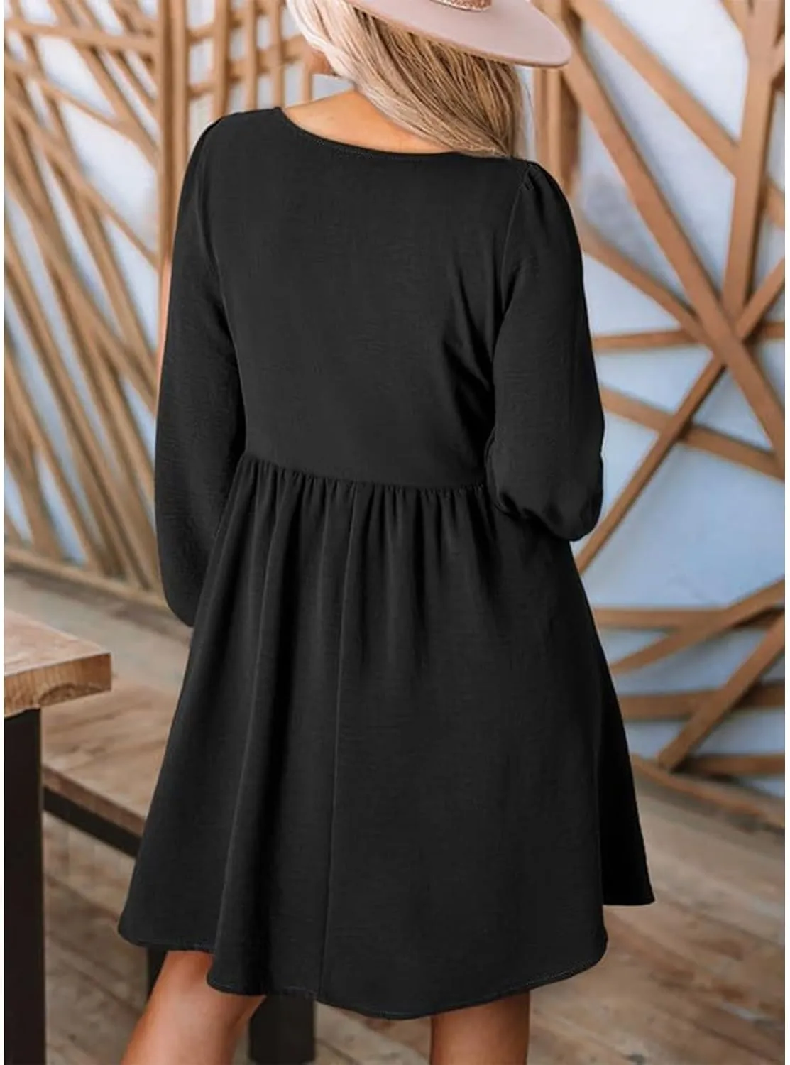 Women's Casual Smocked Dresses Crewneck Button Long Sleeve A-Line Mini Dress Beach Vacation Party Tiered Dresses