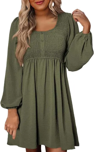 Women's Casual Smocked Dresses Crewneck Button Long Sleeve A-Line Mini Dress Beach Vacation Party Tiered Dresses