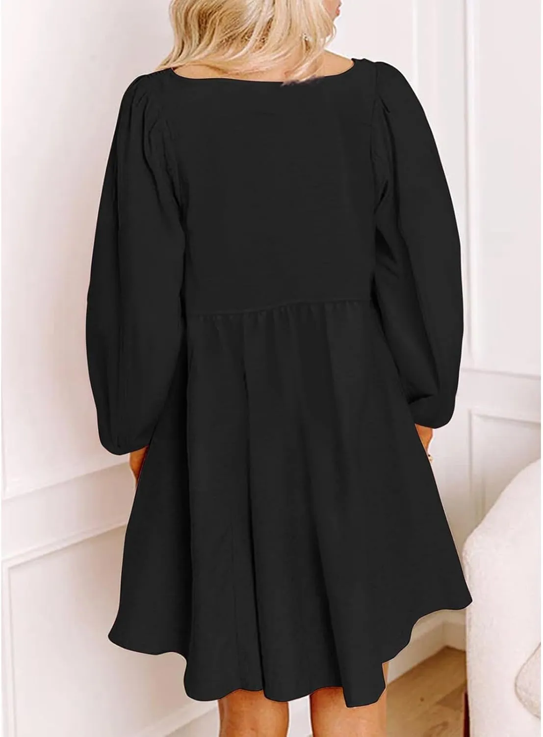 Women's Casual Smocked Dresses Crewneck Button Long Sleeve A-Line Mini Dress Beach Vacation Party Tiered Dresses
