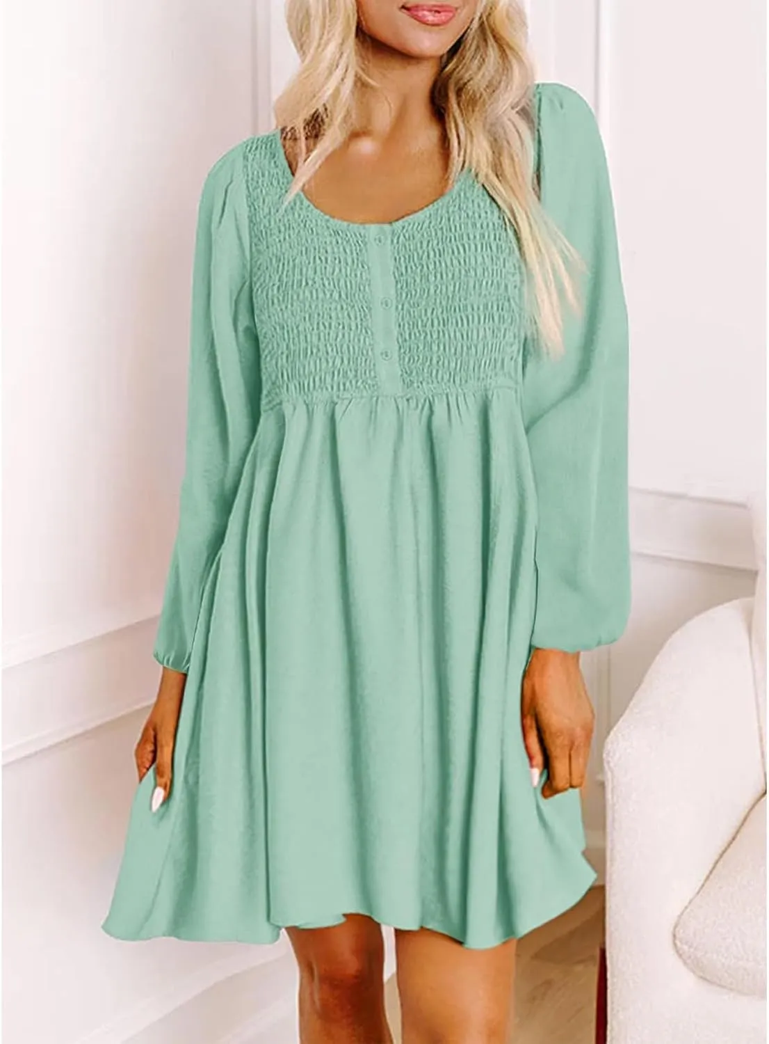Women's Casual Smocked Dresses Crewneck Button Long Sleeve A-Line Mini Dress Beach Vacation Party Tiered Dresses