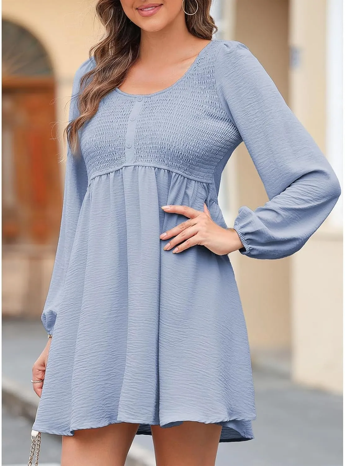 Women's Casual Smocked Dresses Crewneck Button Long Sleeve A-Line Mini Dress Beach Vacation Party Tiered Dresses