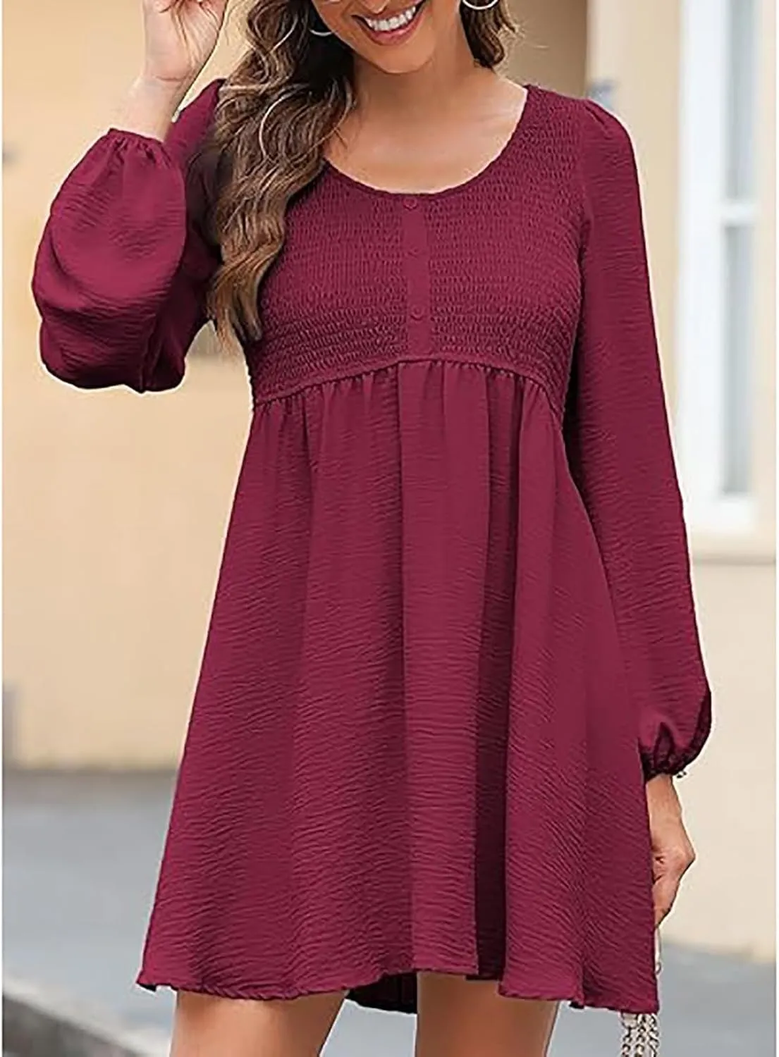 Women's Casual Smocked Dresses Crewneck Button Long Sleeve A-Line Mini Dress Beach Vacation Party Tiered Dresses