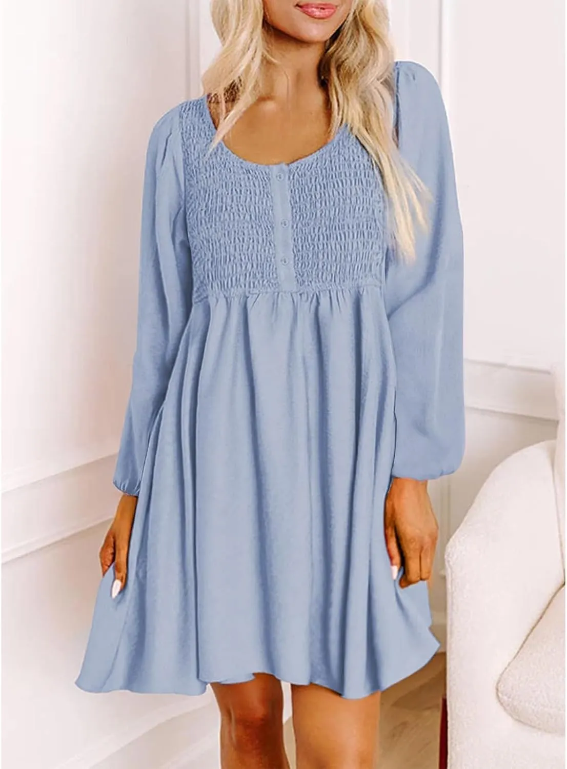 Women's Casual Smocked Dresses Crewneck Button Long Sleeve A-Line Mini Dress Beach Vacation Party Tiered Dresses