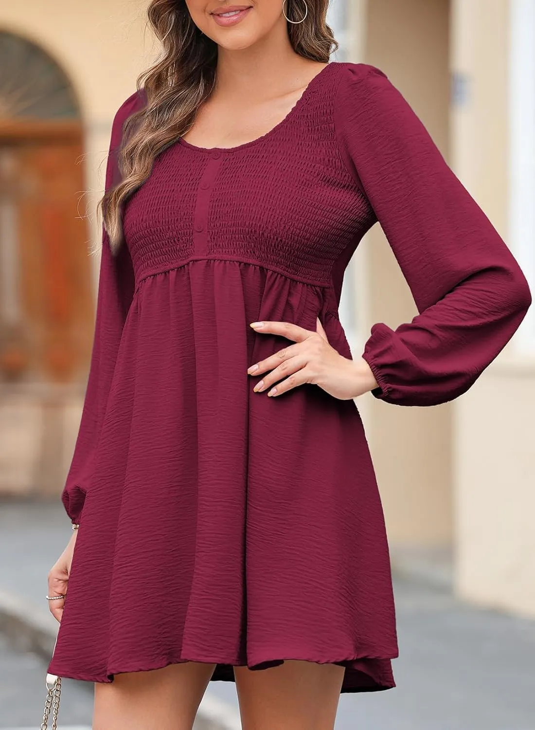 Women's Casual Smocked Dresses Crewneck Button Long Sleeve A-Line Mini Dress Beach Vacation Party Tiered Dresses