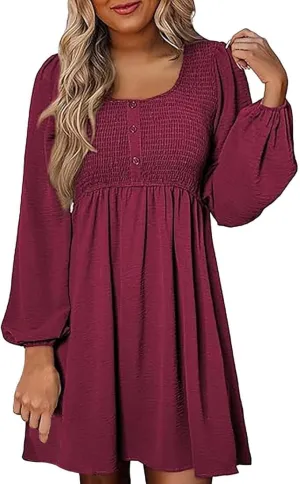 Women's Casual Smocked Dresses Crewneck Button Long Sleeve A-Line Mini Dress Beach Vacation Party Tiered Dresses