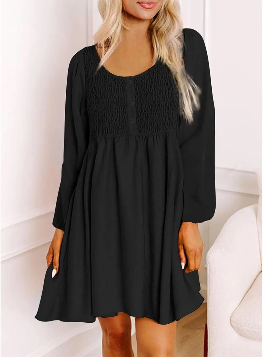 Women's Casual Smocked Dresses Crewneck Button Long Sleeve A-Line Mini Dress Beach Vacation Party Tiered Dresses