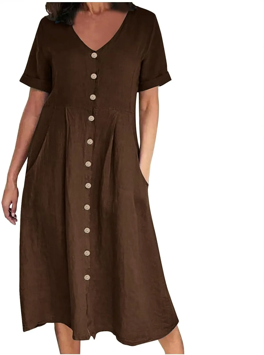 Women's Casual V Neck Button Down Dresses Linen Dress Short Sleeve Midi Length Loose Fit Summer Dresses with Pockets