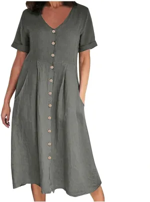 Women's Casual V Neck Button Down Dresses Linen Dress Short Sleeve Midi Length Loose Fit Summer Dresses with Pockets