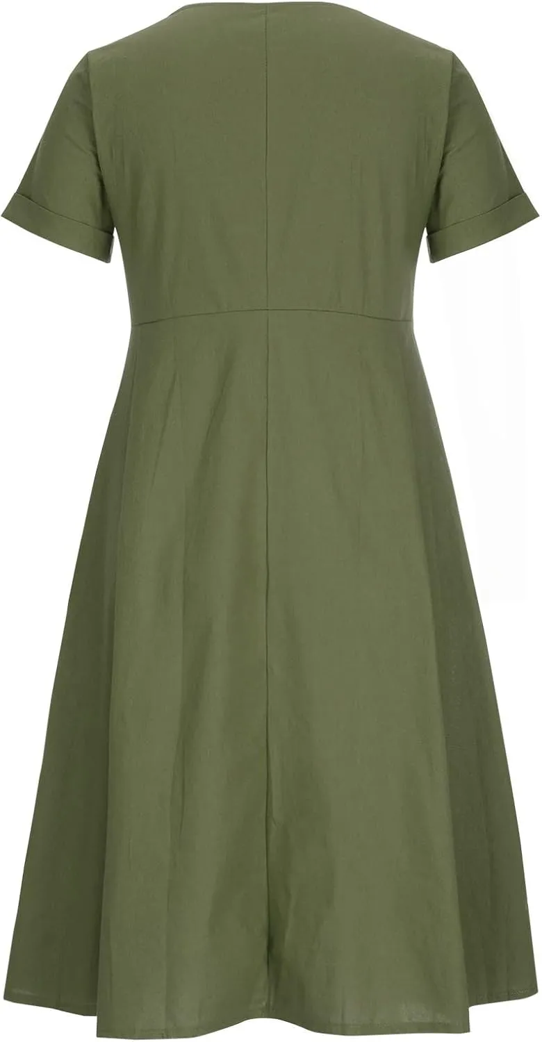 Women's Casual V Neck Button Down Dresses Linen Dress Short Sleeve Midi Length Loose Fit Summer Dresses with Pockets