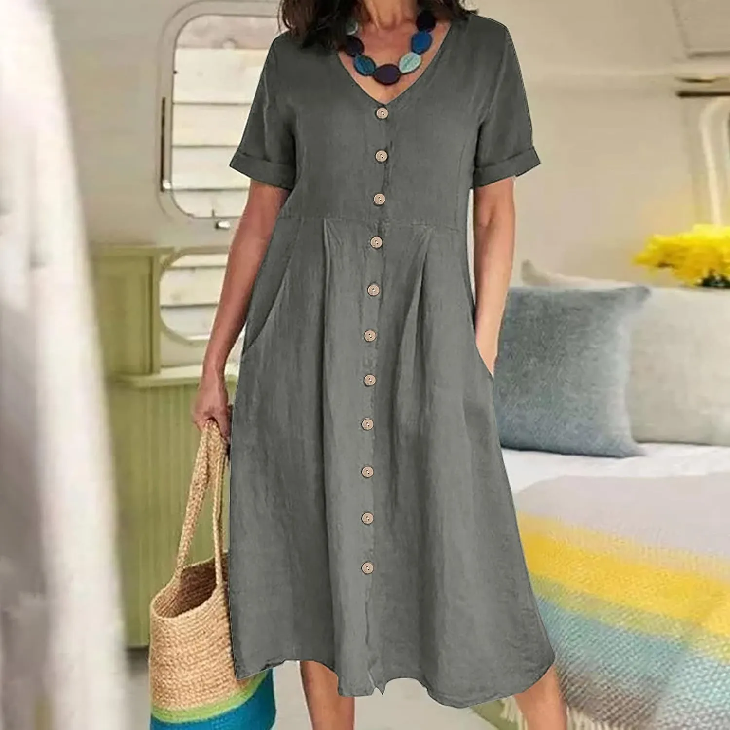 Women's Casual V Neck Button Down Dresses Linen Dress Short Sleeve Midi Length Loose Fit Summer Dresses with Pockets