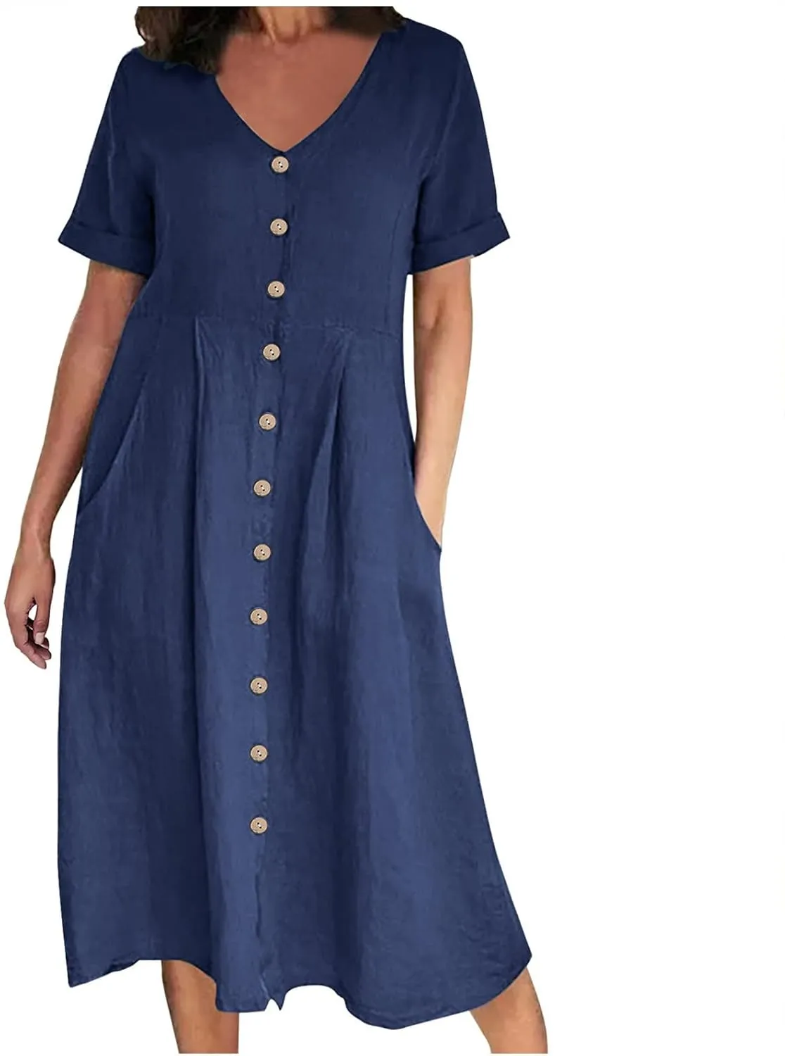 Women's Casual V Neck Button Down Dresses Linen Dress Short Sleeve Midi Length Loose Fit Summer Dresses with Pockets