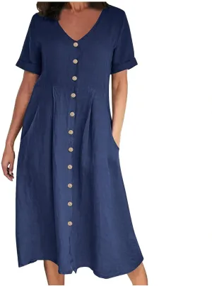 Women's Casual V Neck Button Down Dresses Linen Dress Short Sleeve Midi Length Loose Fit Summer Dresses with Pockets